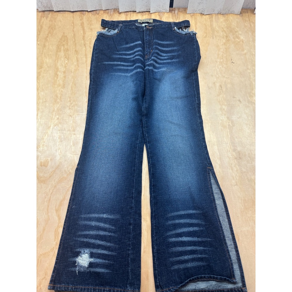 Vintage Enyce Wide Leg Jeans Womens 34 Dark Wash Distressed Y2K Side Slit Denim